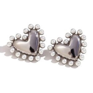Modern heart earrings with artificial pearls, stainless steel, Silver